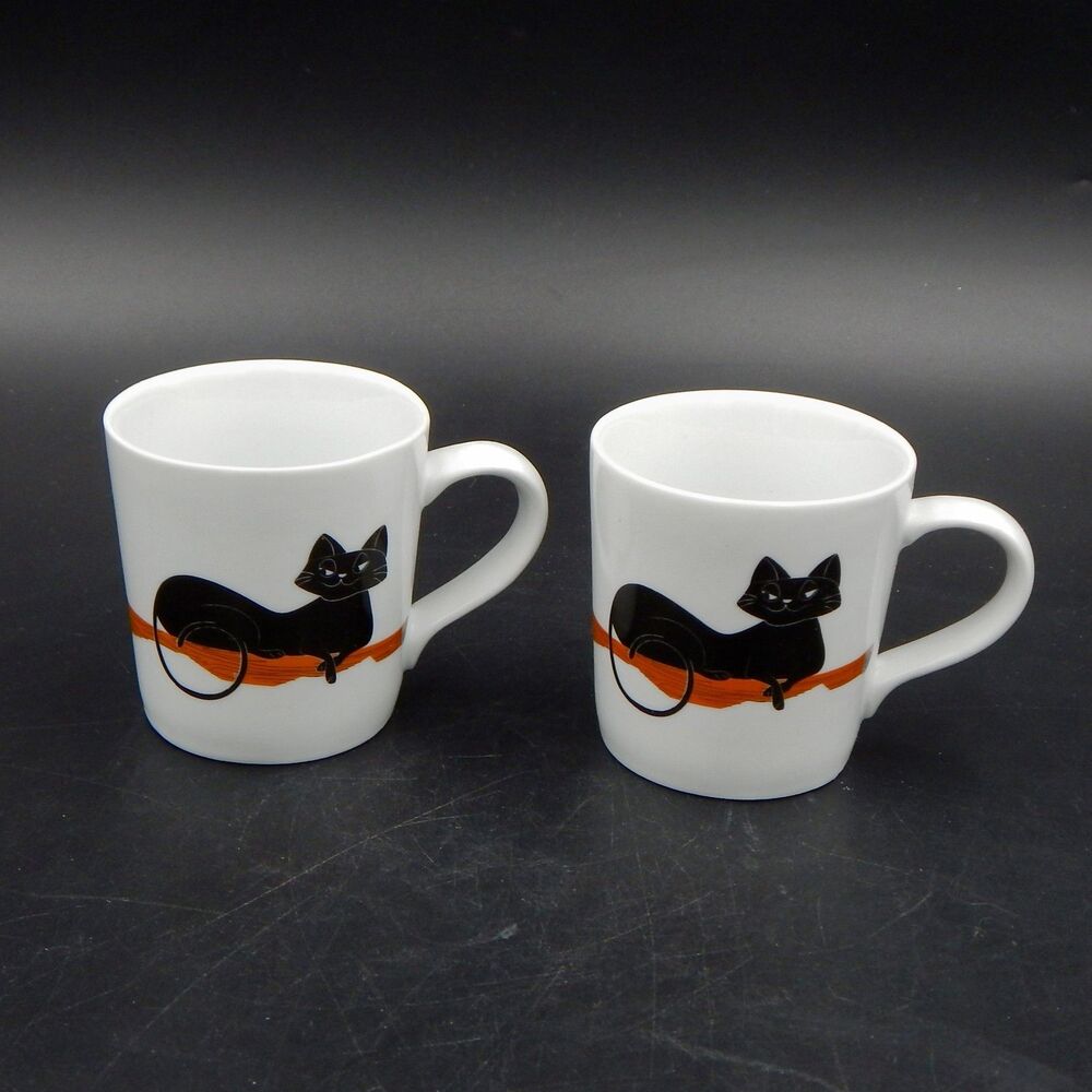Crate And Barrel Black Cat Demitasse Coffee Cup Mug Set 2 Riding Broom Halloween